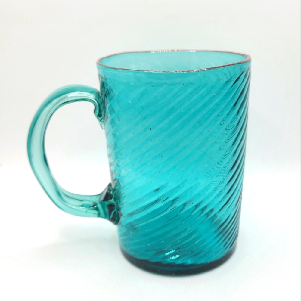 Vintage Blue Hand Blown Glass Mug Turquoise Aqua Teal Gold Rim Swirl Mexico